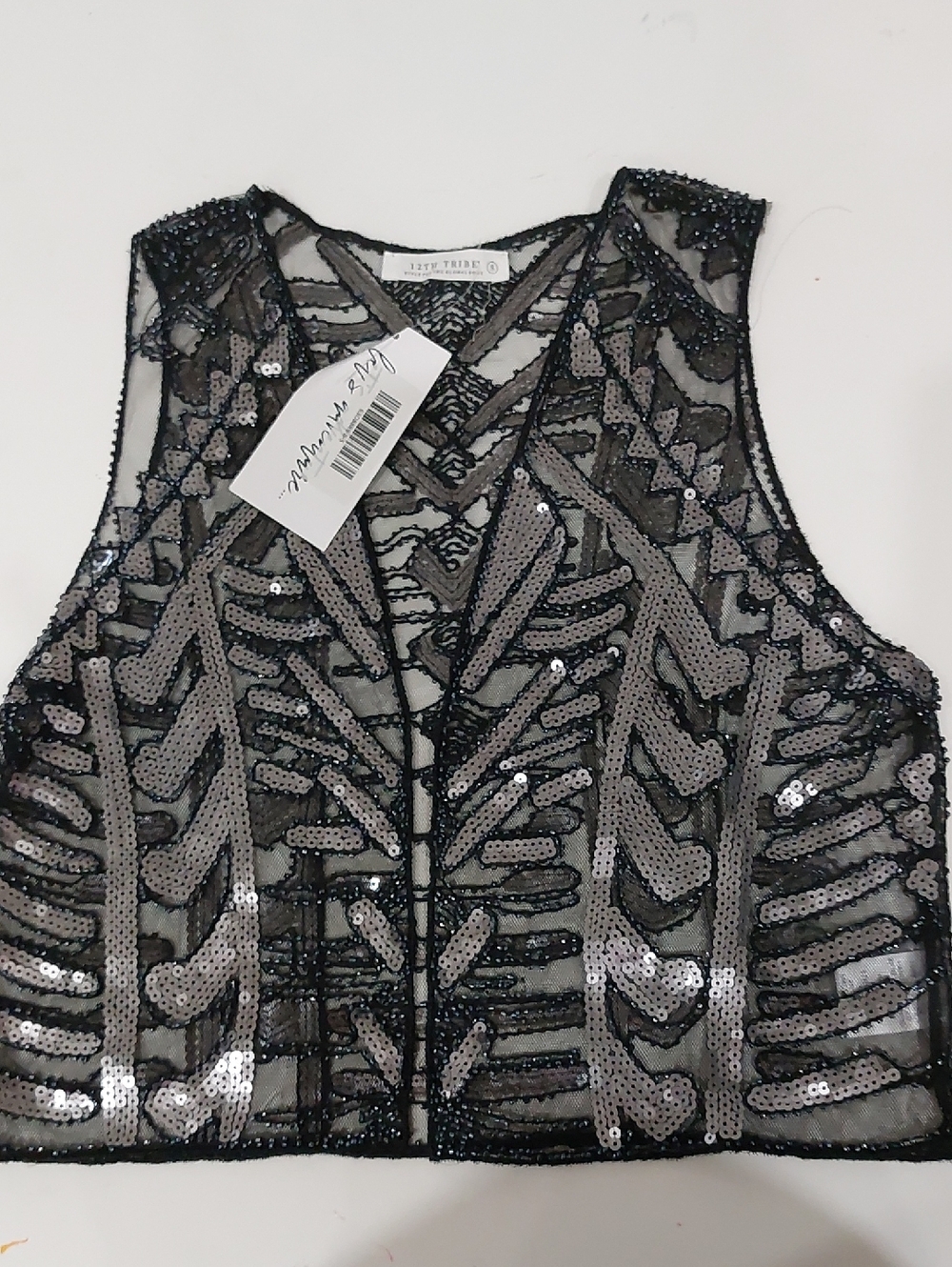 12th Tribe Black & Silver Sequined Mesh Crop Top